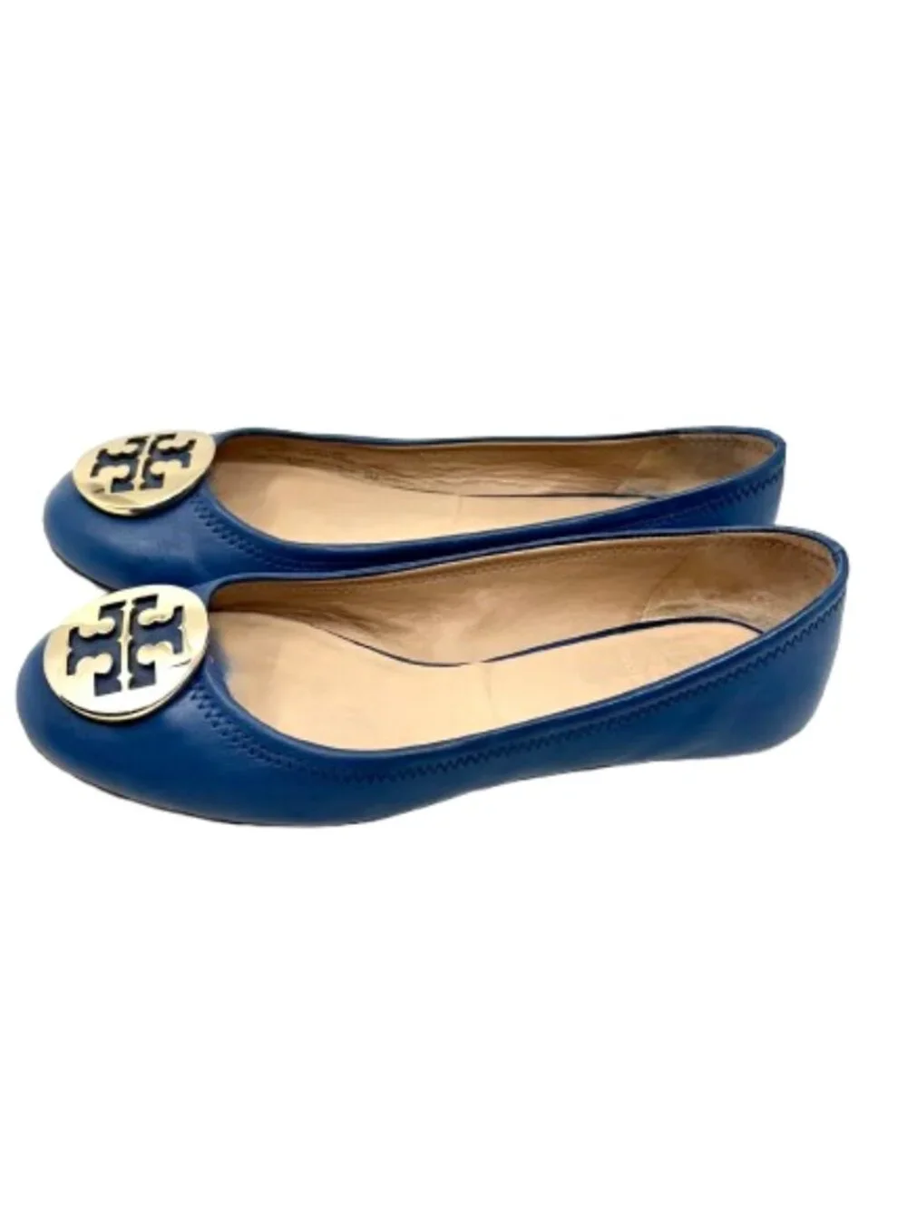 TORY BURCH~Gold Reva Logo~BALLET FLATS SHOES~BLUE NAPA LEATHER Size 8